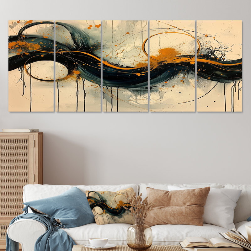 «Gold», jeu optique spiral III - Constructivisme, art mural moderne sur toile, 5, H 32 po x l 80 po