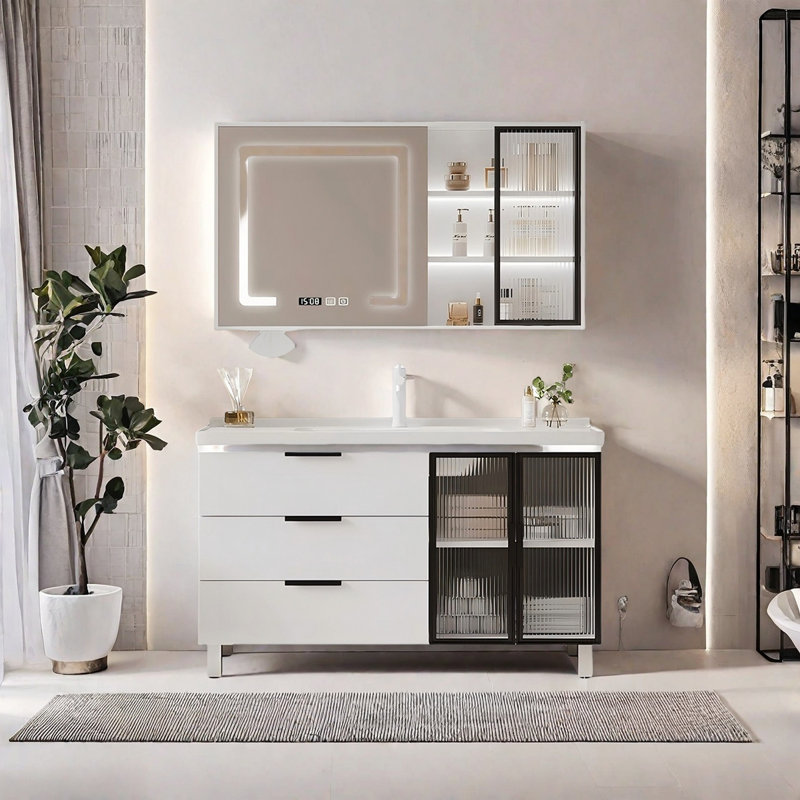 Meuble-lavabo sur pied 47,64 po avec armoire à miroir minimaliste moderne et minimaliste, 48"