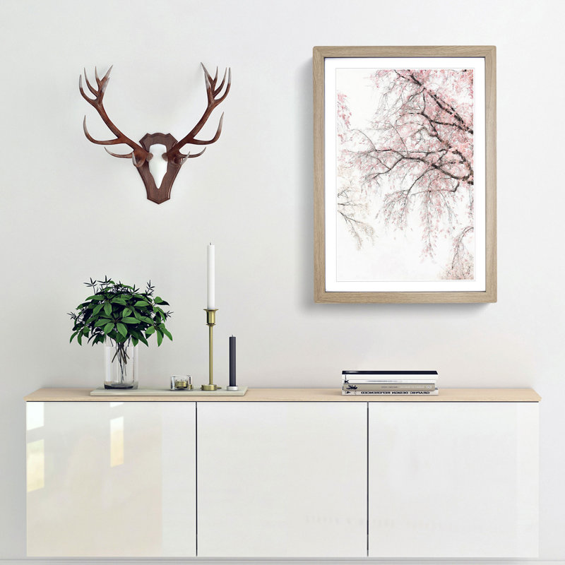 A Pink Cherry Blossom Tree Abstract - Picture Frame Painting Print, 33cm H x 24cm W x 2cm D, Oak Framed