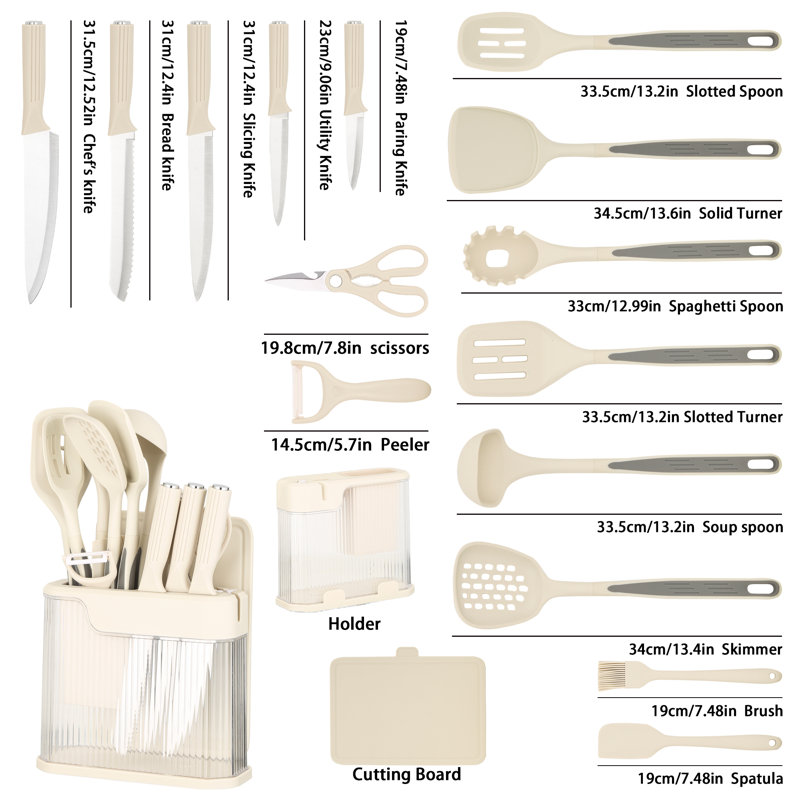 Ensemble de 17 couteaux et ustensiles de cuisine moderne avec bloc de rangement transparent et planche à découper