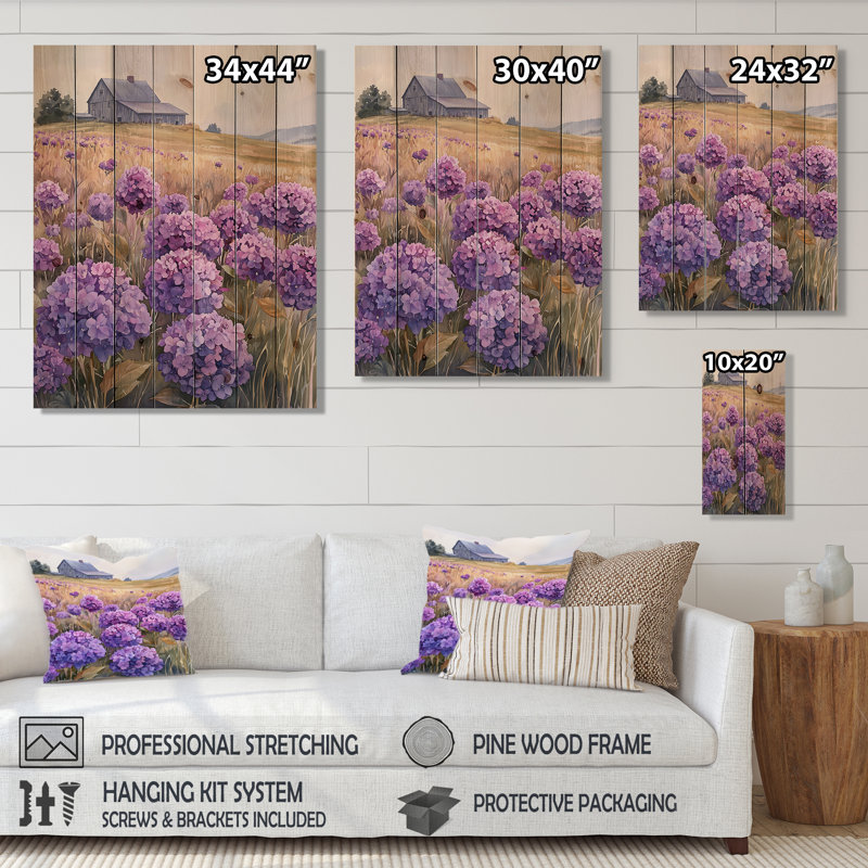 Champ d'hortensias dans la ferme laitière II - Art mural en bois d'hortensias - sur bois de pin naturel