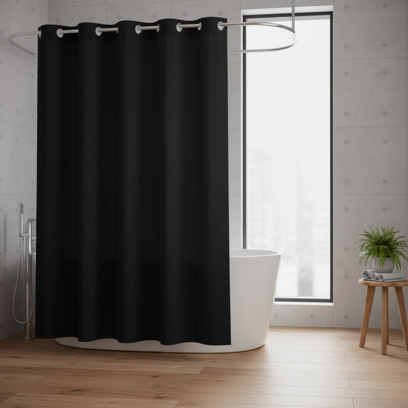 No Hook Slub Textured Shower Curtain With Snap In Liner Black Fabric Outer Curtain Waterproof Inner Liner With See Through Top Window 71X74 In
