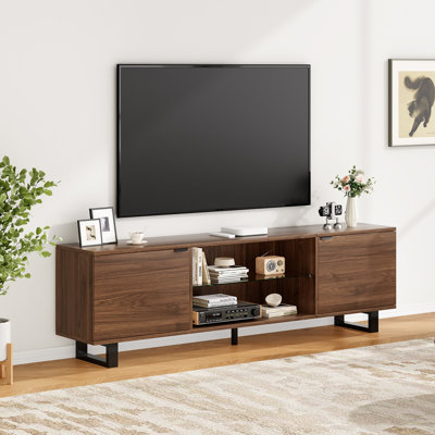 Meuble télé moderne avec tablettes réglables en verre pouvant accueillir un téléviseur de 75 po ou moins