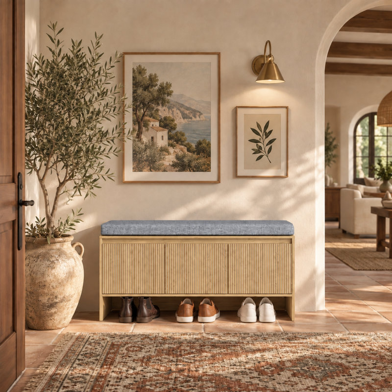 Banc de rangement pour chaussures d'entrée 39,9 po avec 3 portes et tablette réglable, Bois naturel