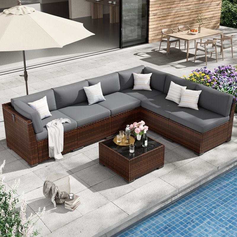 Groupe de sièges modulaires en rotin avec coussins 7 pièces, Gris, Non