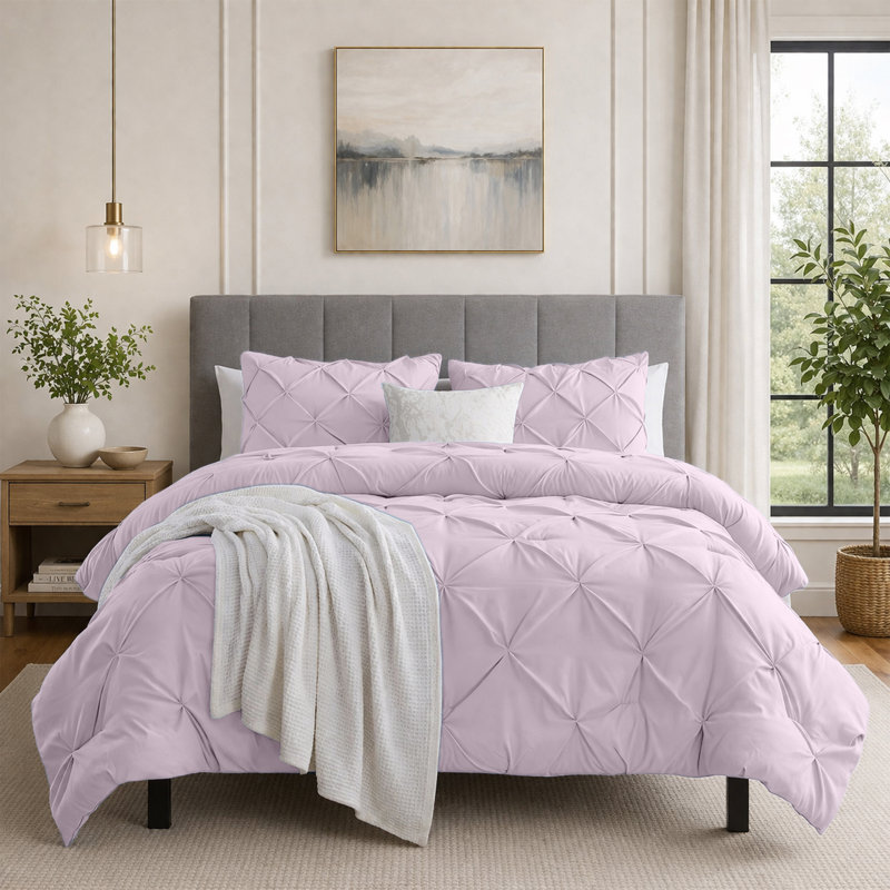 Pintuck Duvet Cover Set with Pillowcases – Soft Microfiber, Textured Quilt Cover, All-Season Comfort, Double, Pink Blush