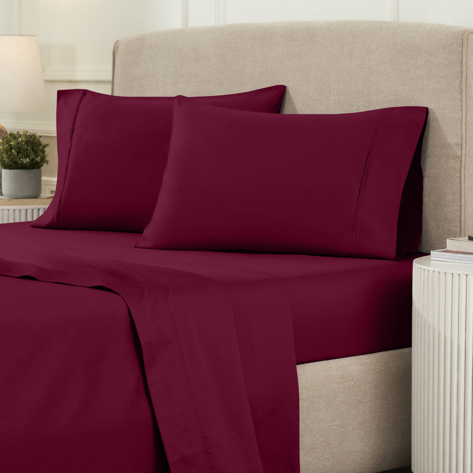 Mellark 1200 Thread Count Egyptian-Quality Cotton Sateen Sheet Set, King Sheet Set with 2 Pillowcases, Burgundy