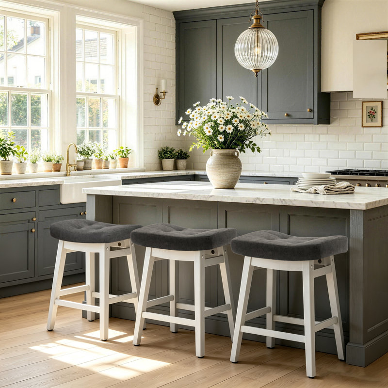 Extra Wide 19.7" Seat Counter Height Stool Modern Upholstered Wood Saddle Barstools, Gray Faux Leather Seat/White Frame