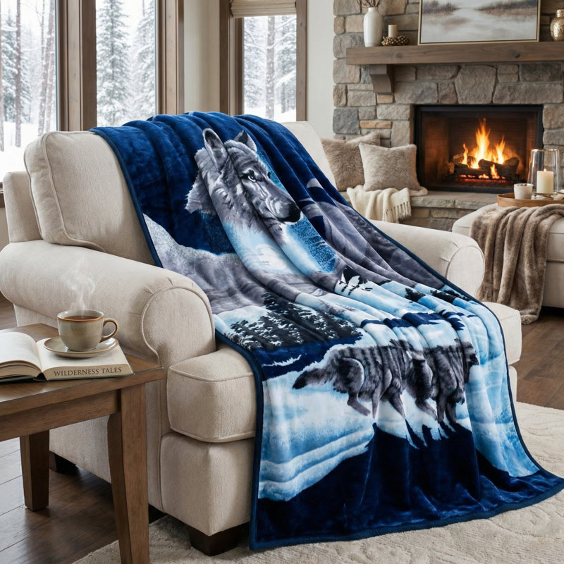 Couverture de loup Lavish Home - 74 x 91 pouces imprimé loup d'hiver