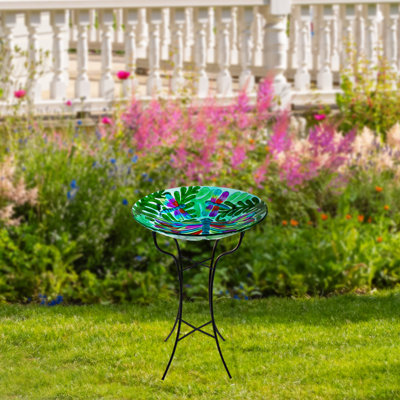 18" Colourful Dragonfly With Green Leaves Hand Painted Glass Outdoor Patio Birdbath