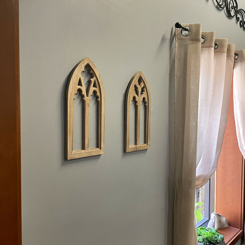 Gothic whitewashed wood arch window frame wall sculptures, set of 2 — 15.75" H x 7.5" L x 0.25" W