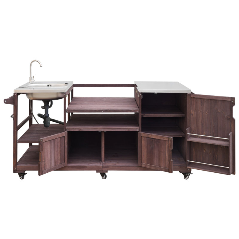 75.4" Outdoor Kitchen Island with Sink, Solid Wood Outdoor Grill Cart for XL Green Egg Grills, Rolling Outdoor Bar Cart with Stainless Steel Top, for Pizza Prep & BBQ