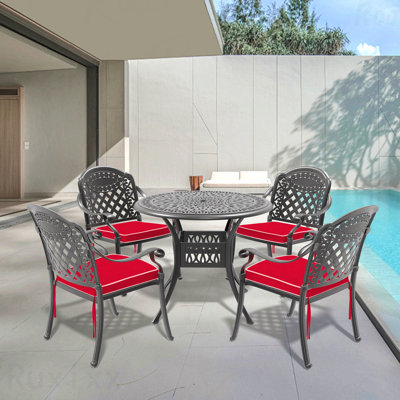 Ensemble de 5 meubles de patio en aluminium coulé avec cadre noir et coussins de siège rouges