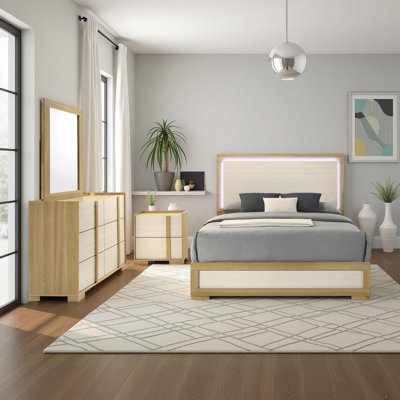 Ensemble de chambre avec grand lit 4 pièces Hyle, finition brun naturel et blanc, commode