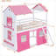 Lit plateforme simple en bois massif avec lit superposé simple avec tente et rebord de fenêtre pour chambre d'enfant, rose et blanc doux