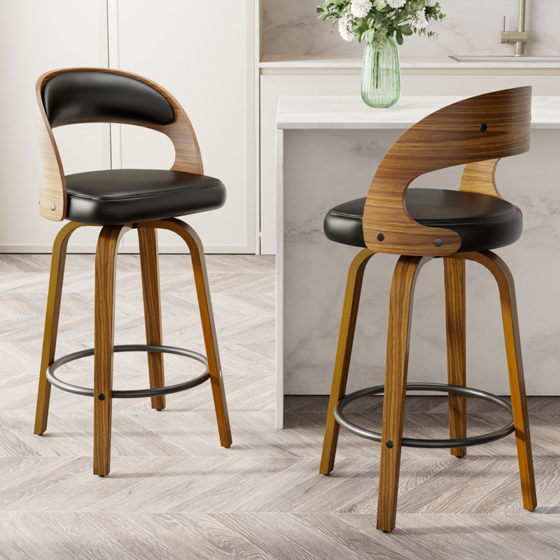 26" Swivel Counter Height Bar Stools with Arms and Back, Black, Black