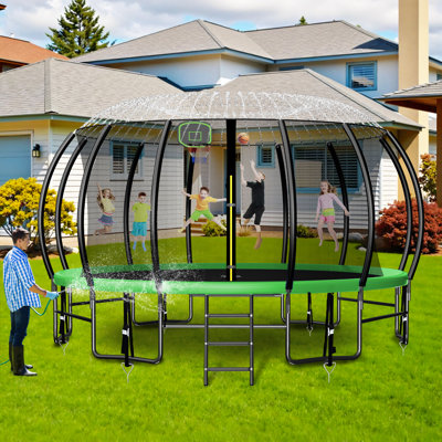 16ft Round Backyard Trampoline With Safety Enclosure Net Basketball Hoop Bonus Sprinkler And Led Lights, Outdoor Recreational Trampoline