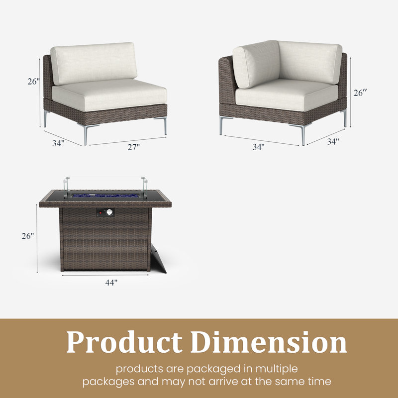  7-Piece Outdoor Modular Wicker Sectional Sofa with Fire Pit Table, Patio Furniture Conversation Set with Deep Seating and Thick Cushions