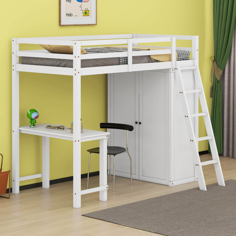 Lit mezzanine avec penderie et bureau Hayah, Simple, Blanc