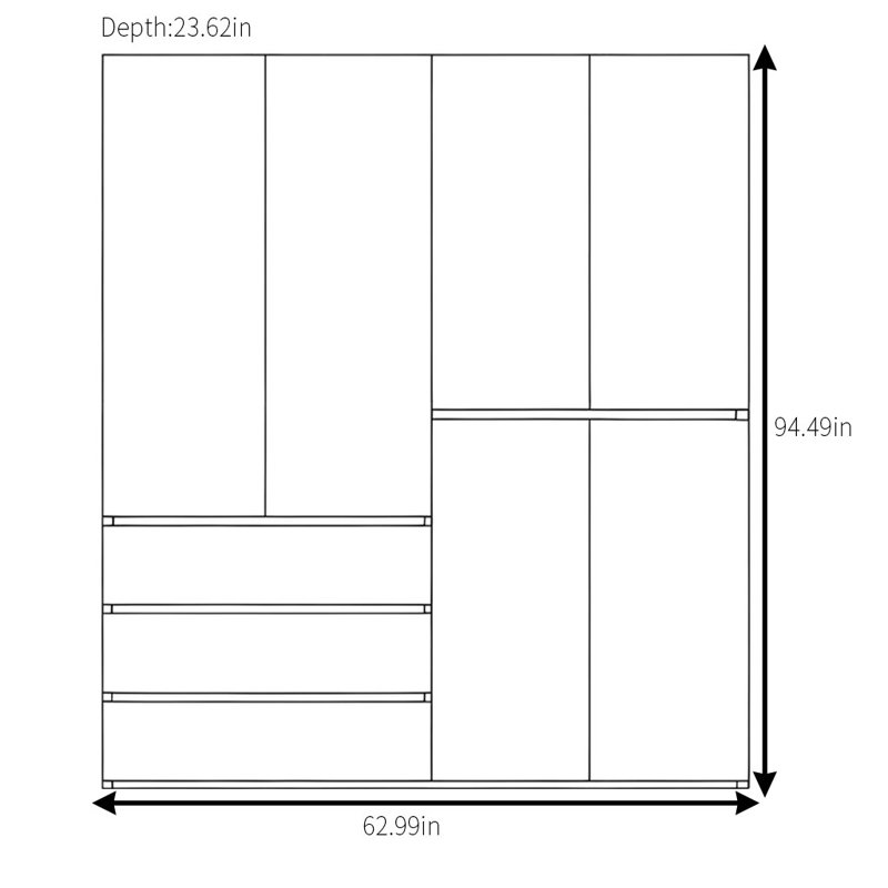 Garde-robe moderne et segmentée, H 94,49 po x l 62,99 po x P 23,62 po