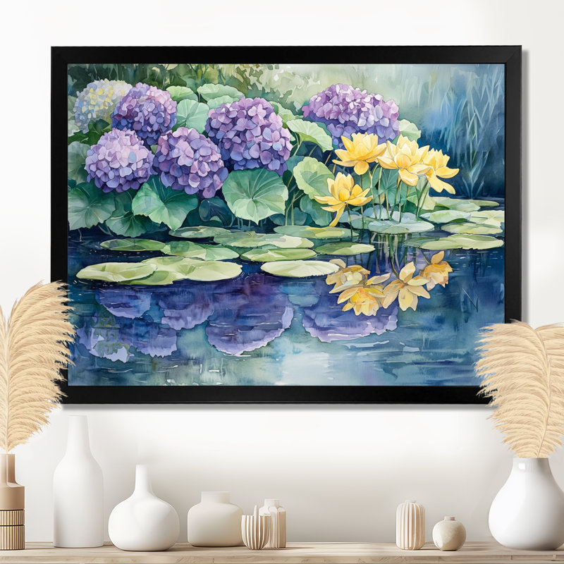 Imina Hydrangeas And Lilies By The Lake II - Hydrangea Large Wall Art, Single Picture Framed Print, Black, 12" H x 20" W