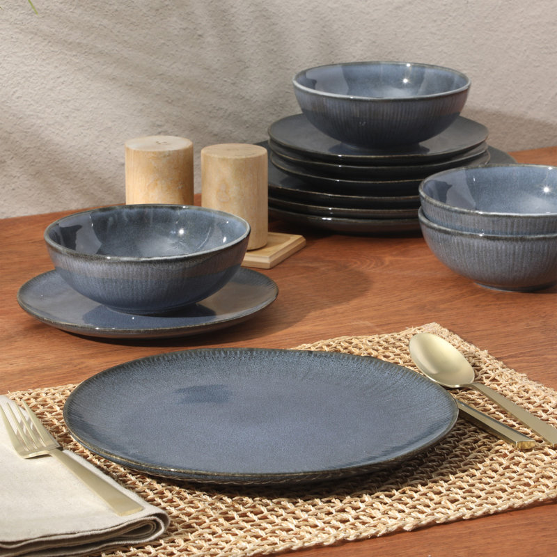 Ensemble d'assiettes et de bols en grès Giby Elite Sandy Pines - Ensemble de vaisselle pour glacis réactif 12 pièces - Service pour 4 - Va au lave-vaisselle et au micro-ondes - Bleu