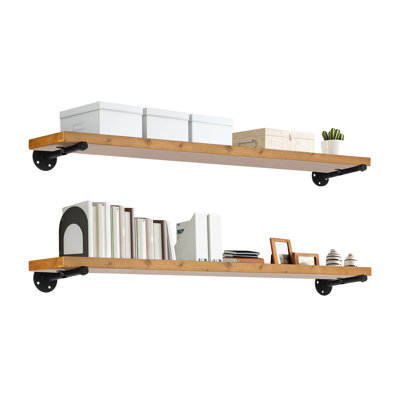 48" Industrial Pipe Wood Wall Shelf - Real Wooden Shelf w/ Special Walnut Colour