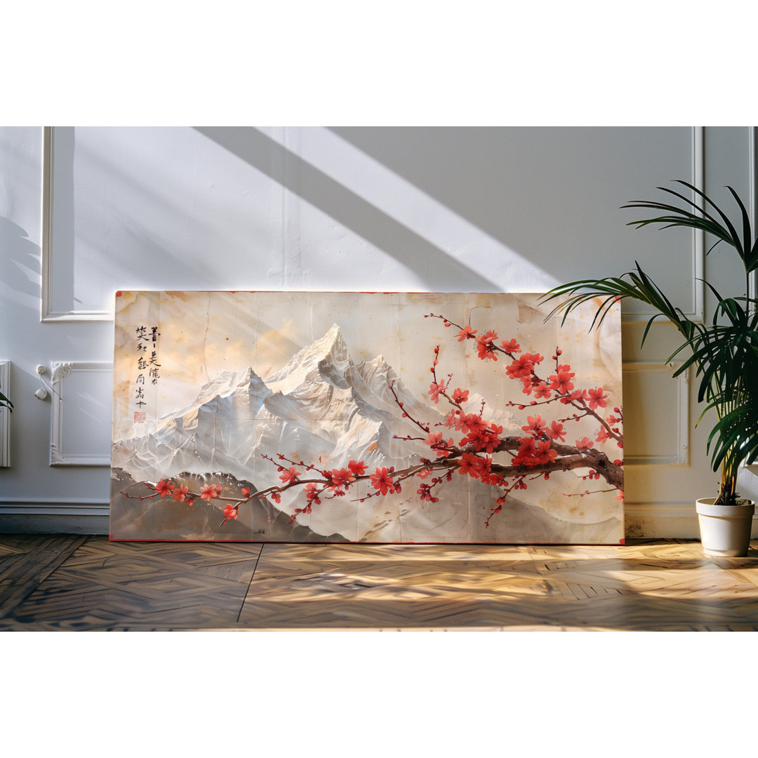 Gerahmtes Bild auf Leinwand 120x60cm Berge Berggipfel Schneegipfel Japan Baumblüte Kunstvoll