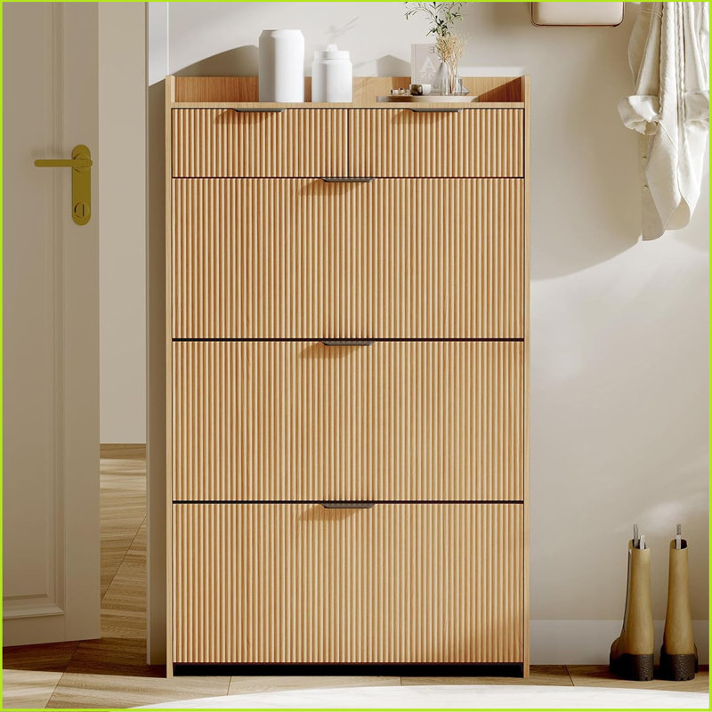 Wave Design Shoe Cabinet With 3 Slip Drawers, 2 Drawers, Raised Edges, Fluted Shoe Cabinet, Slim Hidden Shoe Organizer, Wooden Shoe Storage For Entryway, Front Door, Living Room