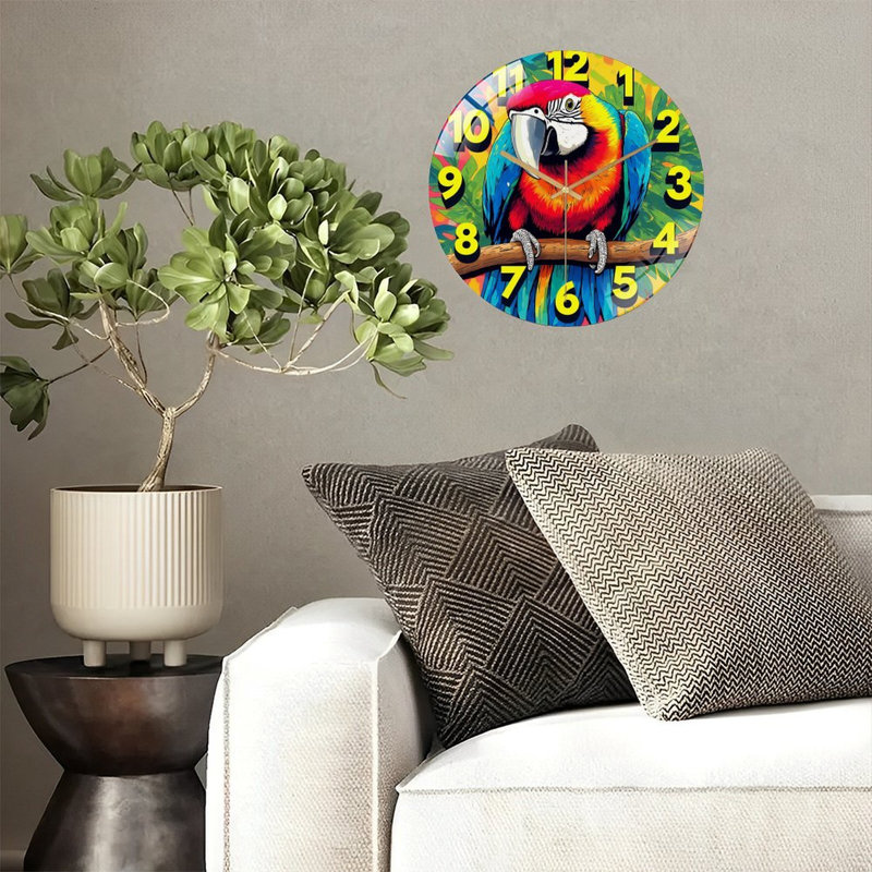 Horloge murale colorée perroquet avec art tropical - 12 po