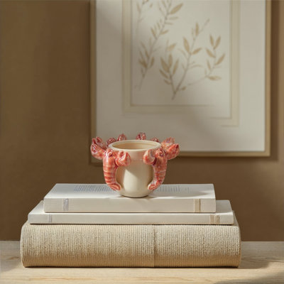 Stoneware Planter With 3D Lobsters And Reactive Glaze, Cream And Orange