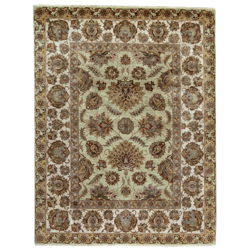Hand Knotted Wool Oriental Area Rug in Light Green And Ivory