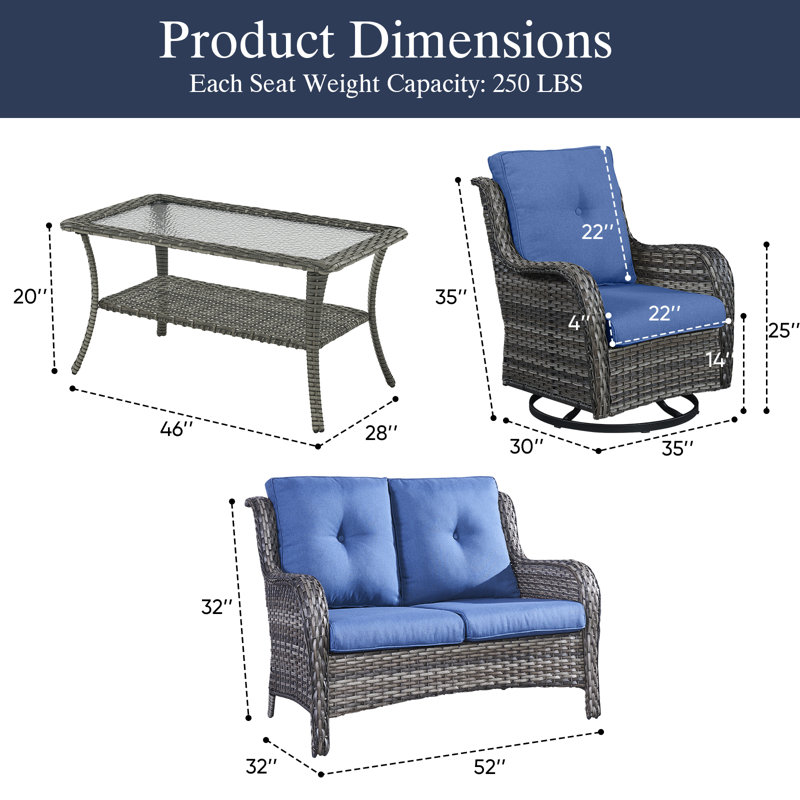 Carolina 4-Person Square Outdoor Conversation Set With Loveseat And Swivel Glide Chair, Blue