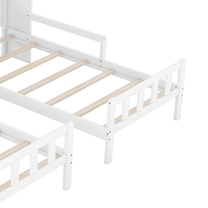 Bookcase Double Twin Bed with House-shaped Headboard and a Built-in Nightstand, White