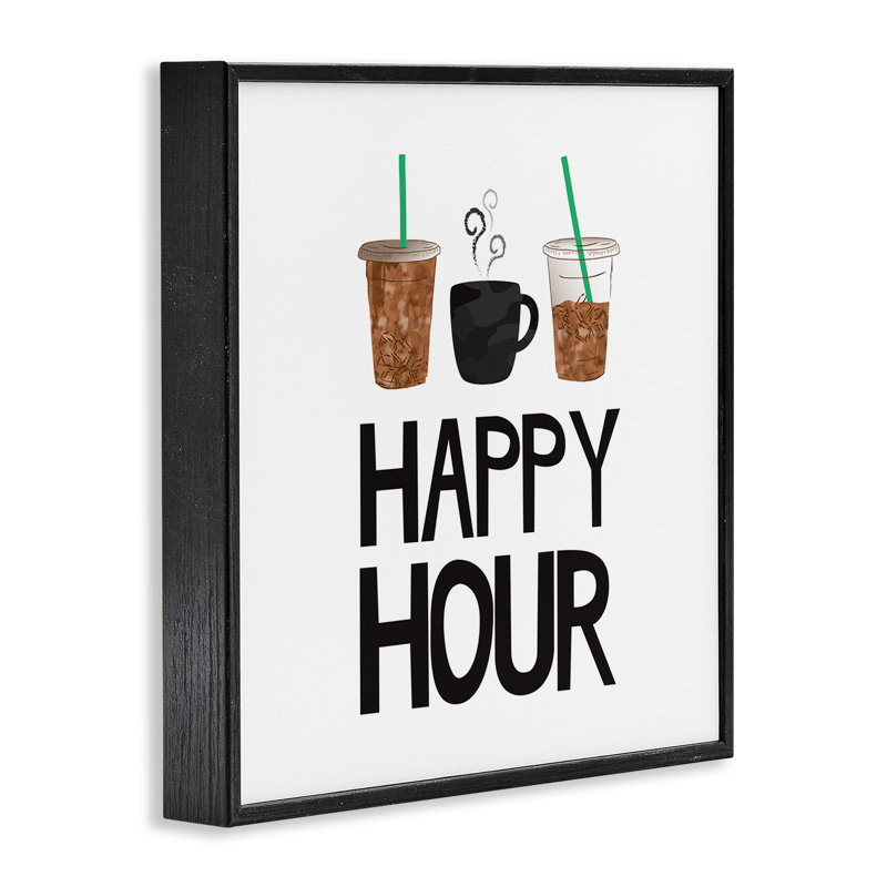 Happy Hour, expression, café, boisson glacée, cuisine, boisson, maison de campagne grise, estampe numérique encadrée, art texturé par Jennifer Mccully