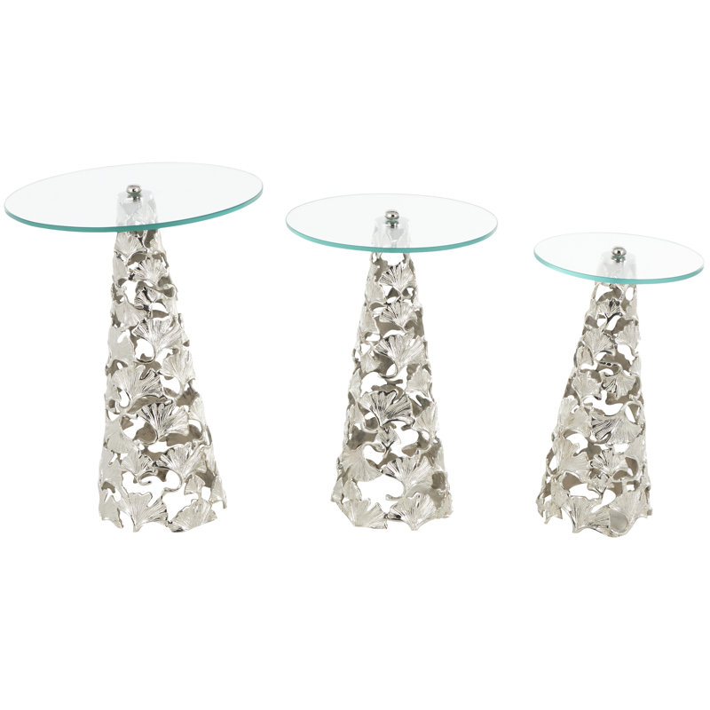 Aadrian Aluminum Metal Cutout Cone Shaped Floral Side End Gold Accent Table with Tempered Glass Tabletop Set, Clear