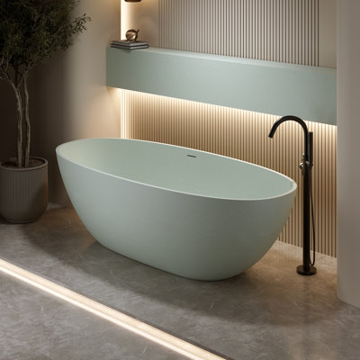 Freestanding Oval Soaking Bathtub 63", Solid Surface Stone Resin Matte White Modern W/overflow & Pop-up Drain