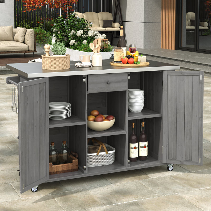 Chariot-grill 52,2 po pour îlot de cuisine avec plateau en acier inoxydable, Gris