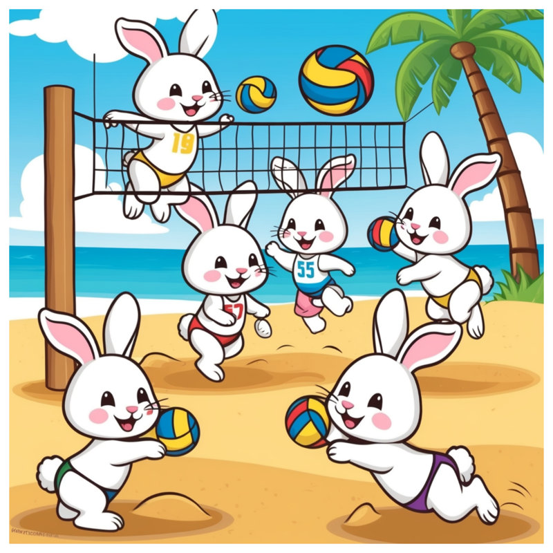 Caricature de lapins jouant au volleyball - Coussins décoratifs à double face, 16 x 16 pouces