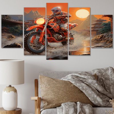 Red Dirt Bike Riding In Japanese Mountains - Bicycle Canvas Art Print - 5 Panels