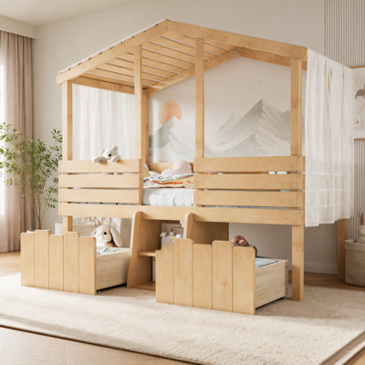 Lit mezzanine simple avec de jolis escaliers et 2 grands tiroirs de rangement, lit mezzanine bas avec toit en forme de maison, conception enfantine et sans sommier, style campagnard, naturel