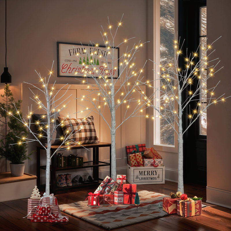 Ensemble de bouleaux illuminés 4 pi / 5 pi / 6 pi, arbre artificiel avec lumières blanc chaud, arbre de Noël