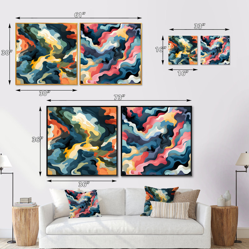 Coriena - Ensemble de 2 collages carrés abstraits, Cadre flottant noir, H 16 po x l 33 po