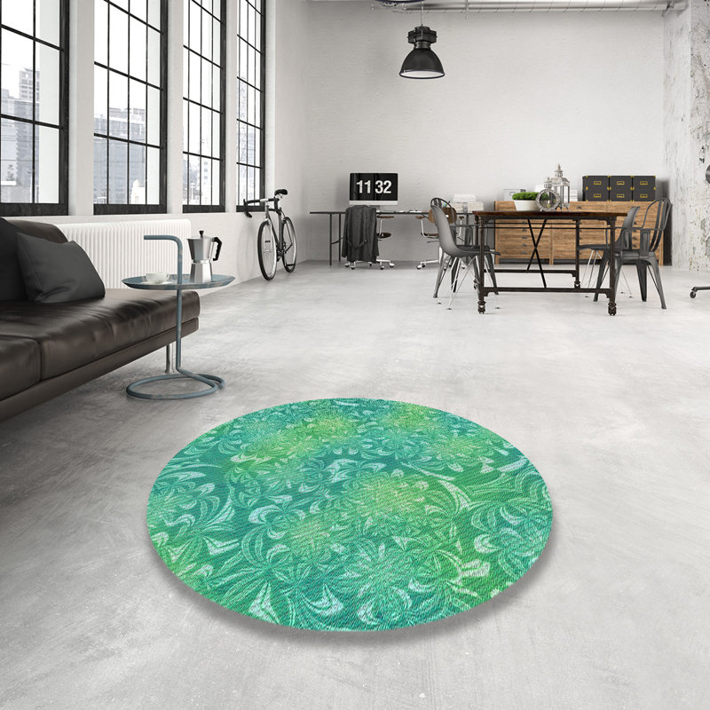 Tapis vert/jaune à motifs, Rond 3 pi