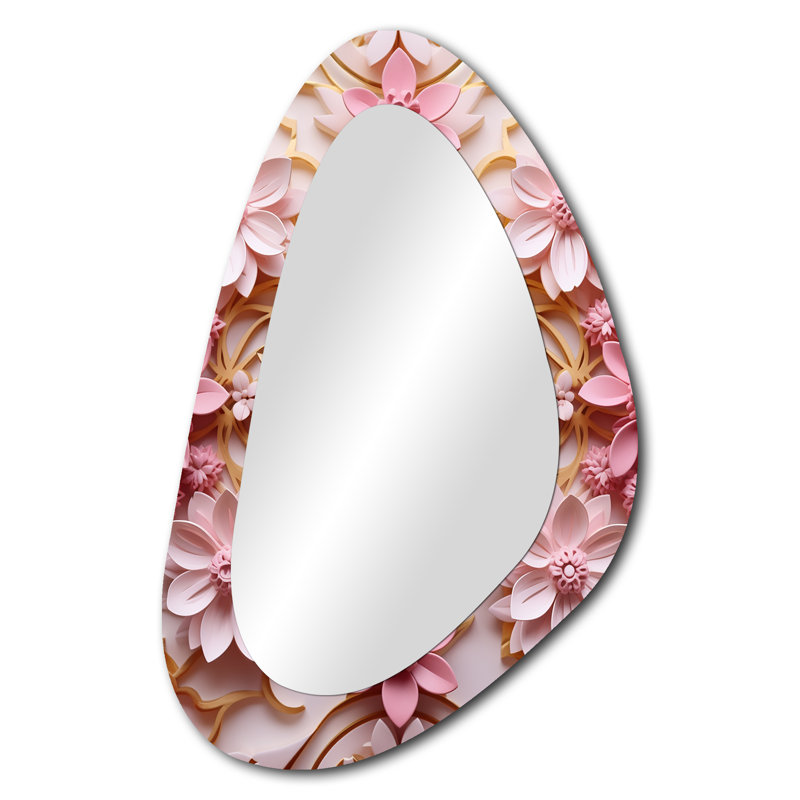 Essence ornementale de lotus rose doré - miroir mural asymétrique Boho Mandala, miroir décoratif de forme unique dorée, impression d'art en métal