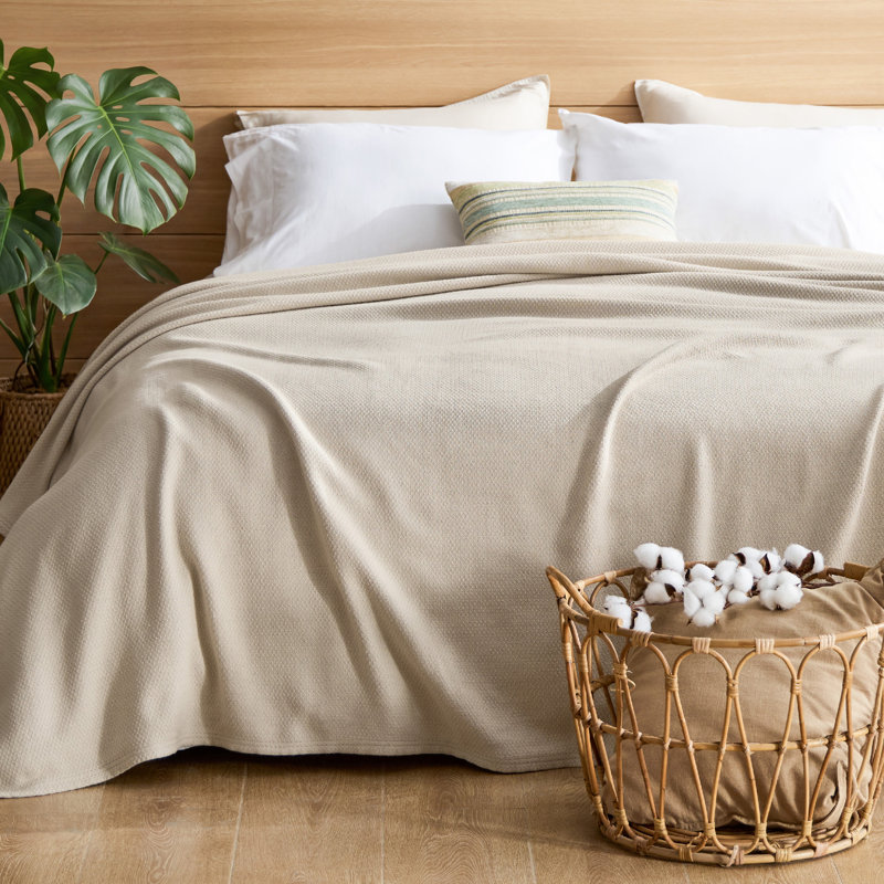 Bedsure 100% Cotton Blanket Soft Cozy Textured Herringbone Woven Blanket for All Seasons, Queen, Linen Beige