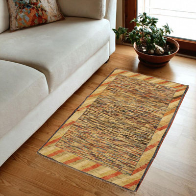 Abramowitz Abstract Handmade Hand-Knotted Rectangle 3'4" x 4'8" Wool Area Rug in Tan
