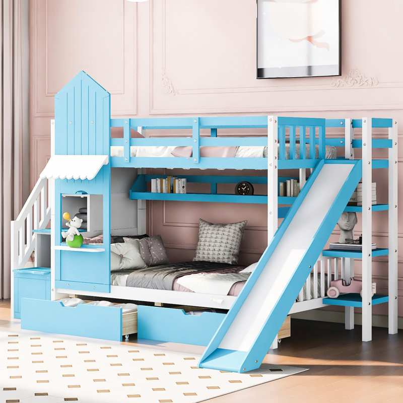 Lit superposé simple de style bleu avec 2 tiroirs, 3 tablettes et une glissoire en pin, pour une ambiance de chambre à coucher avec très grande résistance, idéal