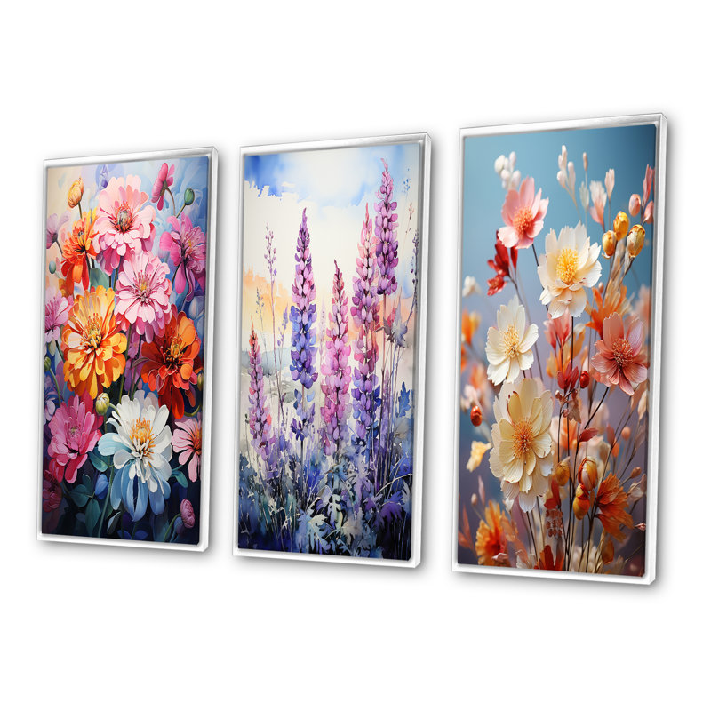 Meadow Zinnia Carousel - 3 pièces, H 28 po x l 36 po, Cadre blanc