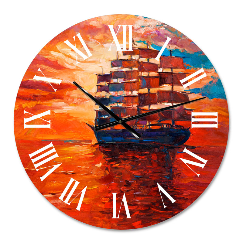 Frigat pendant la lueur du soir sur l'horizon de l'océan - horloge murale nautique, Petit